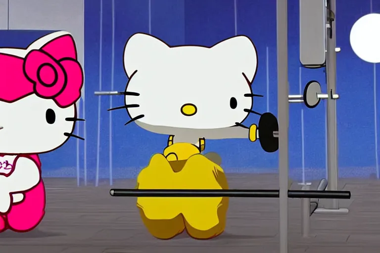 Image similar to animated cartoon film of hello kitty exercising at the gym, hello kitty has big muscles, barbells