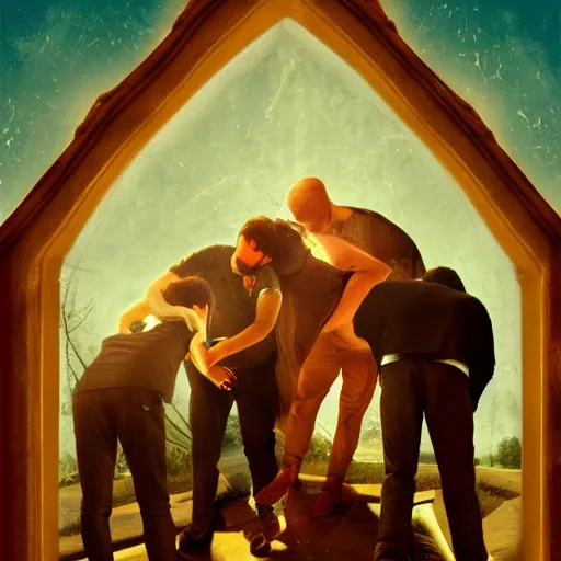 Image similar to poster for a short liminal film called'liminal'about four male roommates that find a tiny hidden door. movie poster, advertisement, renaissance painting, sharp, high detail, trending on artstation, cinematic