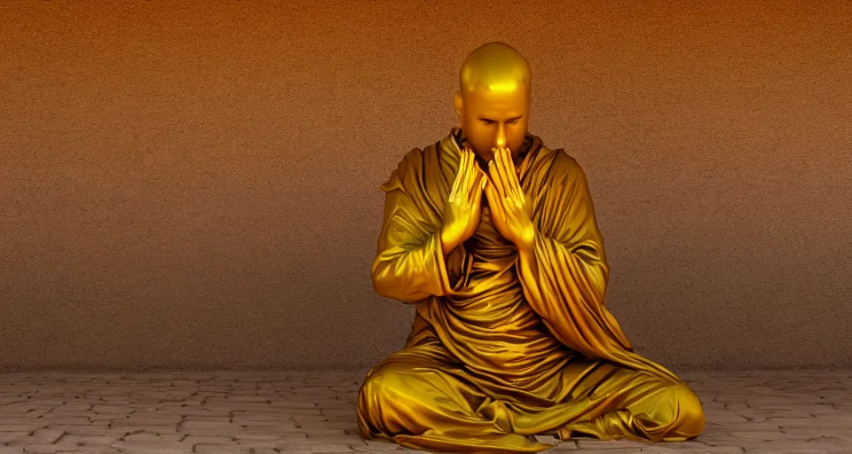 Image similar to a golden statue of a monk praying inside if a desert temple, atmospheric lighting, 4 k