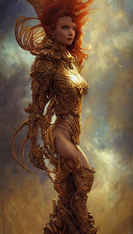 Image similar to ascending dark full body redhead goddess angel, lupe fuentes, intricate armor, highly detailed, glowing, action pose, cinematic, art deco, gold filigree, ethereal, alfonso mucha, zdzisław beksinski, andrei ryabovichev, shaun tan, chriss foss, peter mohrbacher, 4 k