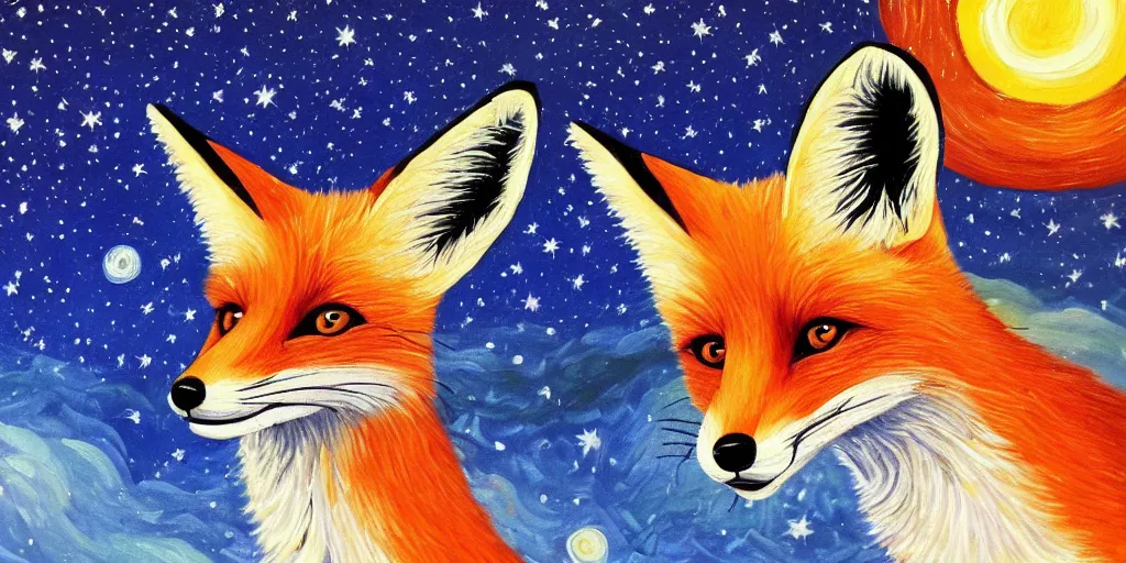 Prompt: a painting of a fox looking up at the stars in the style of Starry Night, highly detailed, trending on artstation