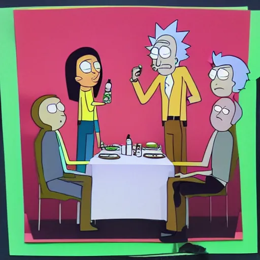 Image similar to Rick and Morty having dinner, layered paper style