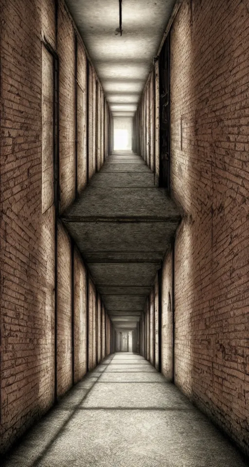 Image similar to a long shadowy decrepit asylum hallway, one point perspective, vanishing point, symmetrical composition, rich colors, dramatic lighting, by lee madgwick, photorealistic, v - ray render 8 k uhd