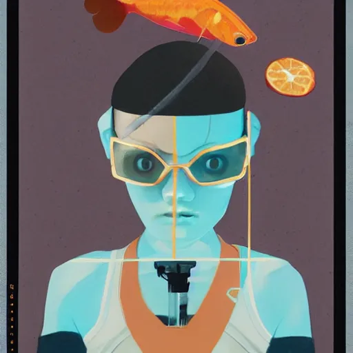 Image similar to Elle Fanning as Solid Snake holding a fish bowl with an orange gold fish inside picture by Sachin Teng, asymmetrical, dark vibes, Realistic Painting , Organic painting, Matte Painting, geometric shapes, hard edges, graffiti, street art:2 by Sachin Teng:4