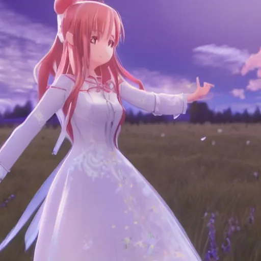 Image similar to yuuki asuna in her wedding dress on a vast field, extremely long hair, unreal engine