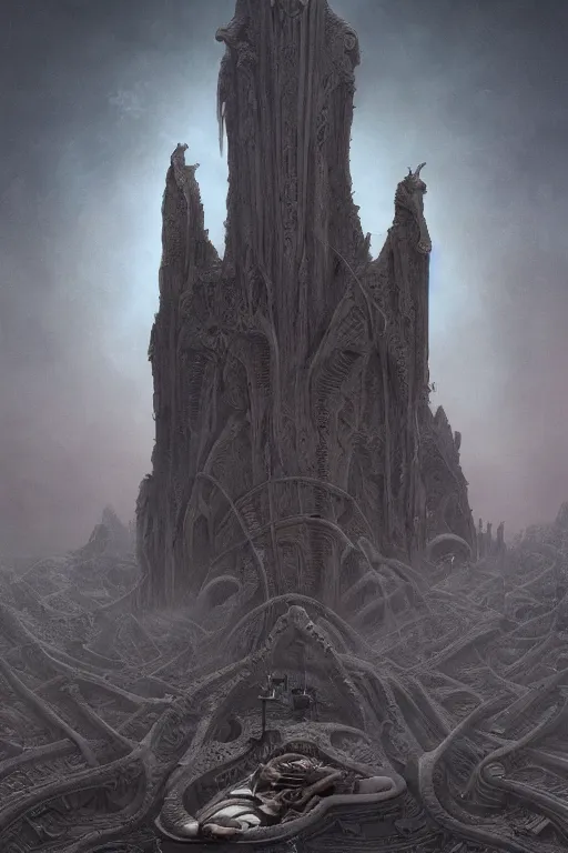 Image similar to sci - fi concrete alien eldritch demonic baroque rococo gothic architecture in hell, babylonian, ziggurat, zaha hadid, beksinski, wayne barlowe, oil painting, photoreal, highly detailed, 8 k, hd, vray, artstation, cinematic matte painting, extreme detail photo quality, sunset, featured on behance