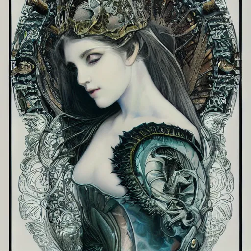 Prompt: portrait of the dragon queen by artgerm and H R Giger and alphonse mucha, Dragon in dragon lair, HD, full body dragon concept, flying dragon, Human body with dragon features, beautiful queen, perfect face, fantasy, intricate, elegant, highly detailed, digital painting, artstation, concept art, smooth, sharp focus, illustration, ray tracing, 4k realistic 3d rendered portrait, soft shading, soft colors, relaxed colors, hyperdetailed, wide angle lens, fantasy, futuristic horror, armor style of giger