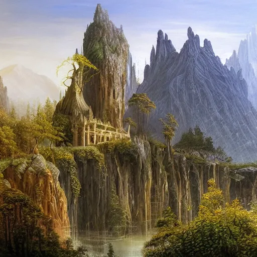 Image similar to A beautiful and highly detailed oil painting of beautiful elven temple in the mountains, detailed trees and cliffs, intricate details, rivendell, 8k, by Caspar Friedrich