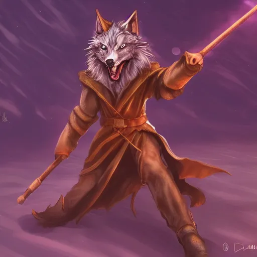 Image similar to wizard is holding a staff as a wolf, dynamic pose, chromatic aberration, medium level shot, fantasy, illustration, concept art,