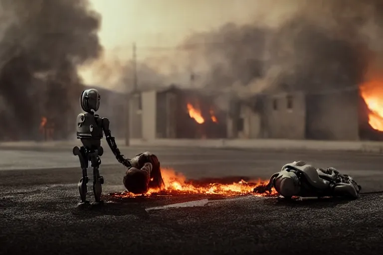 Image similar to vfx film closeup, dead robot couple on the ground holding hands, city street tire tracks fire. flat color profile low - key lighting award winning photography arri alexa cinematography, hyper real photorealistic cinematic atmospheric cool colorgrade