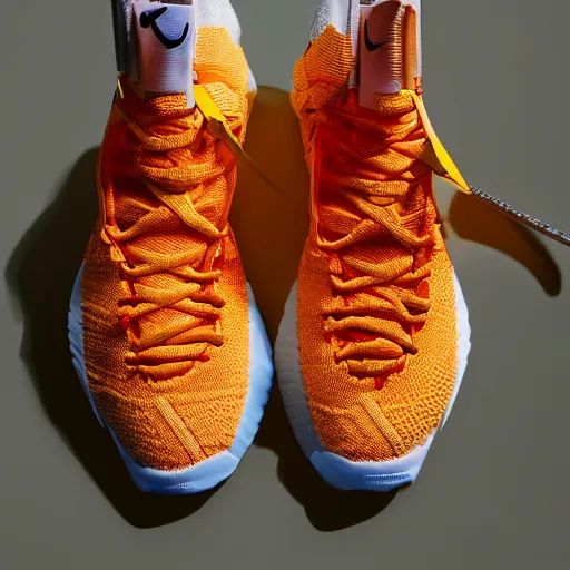 Image similar to a studio photoshoot of Nike Off-white Lebron 16 sneakers designed by Virgil Abloh, knitted mesh material, gum rubber outsole, realistic, color film photography by Tlyer Mitchell, 35 mm, graflex