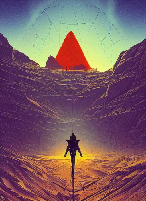 Image similar to cartoon of a desert landscape with a huge monolith in the shape of a tesseract in the background, digital art by kilian eng, cgsociety, afrofuturism, tesseract, sci - fi, future tech