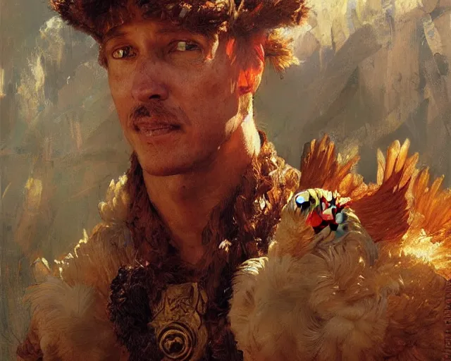 Prompt: a man dressed as a chicken, highly detailed painting by gaston bussiere, craig mullins, j. c. leyendecker 8 k