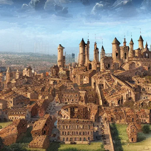 Prompt: Digital art of a large medieval capital with a citadel, bird's eye view Marc Simonetti Peter Zumthor