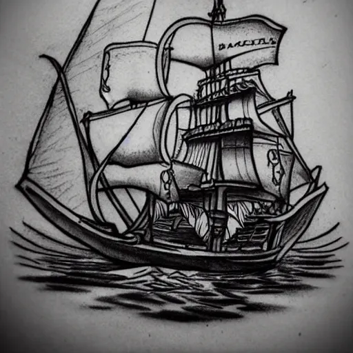 Image similar to realism tattoo design sketch of a pirate ship, by Da Ink