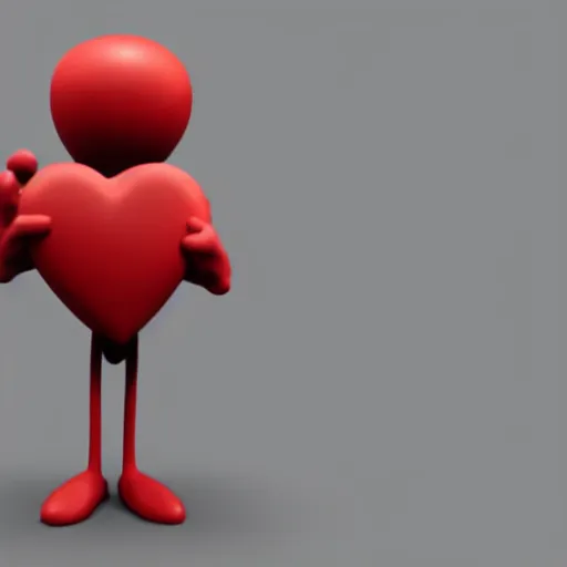 Prompt: 3 d render of a simplistic red clay character holding a heart, qhite background, studio lighting, made in 3 ds max