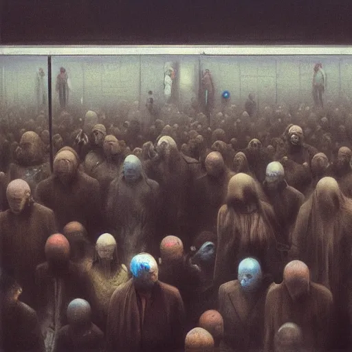 Prompt: photorealist painting of a crowded subway, metro, many people, agoraphobia, by beksinski, by francis bacon, by pablo picasso