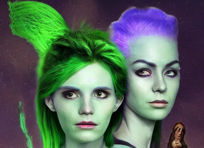 Image similar to beautiful aliens faces with green hair, 8 k, matte painting, in the style of artist, ann stokes