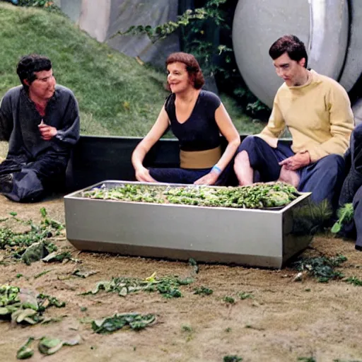 Image similar to humans on the floor eating out of a trough in an organic plant - based moonbase