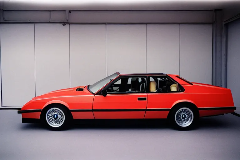 Image similar to single Formula 1, 1984 BMW M1 Lincoln Continental, inside of a minimalist Tokyo garage, ektachrome photograph, volumetric lighting, f8 aperture, cinematic Eastman 5384 film