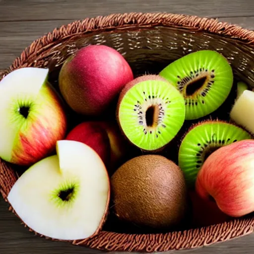 Image similar to a basket full of coconut, kiwi, apple and tooth brush