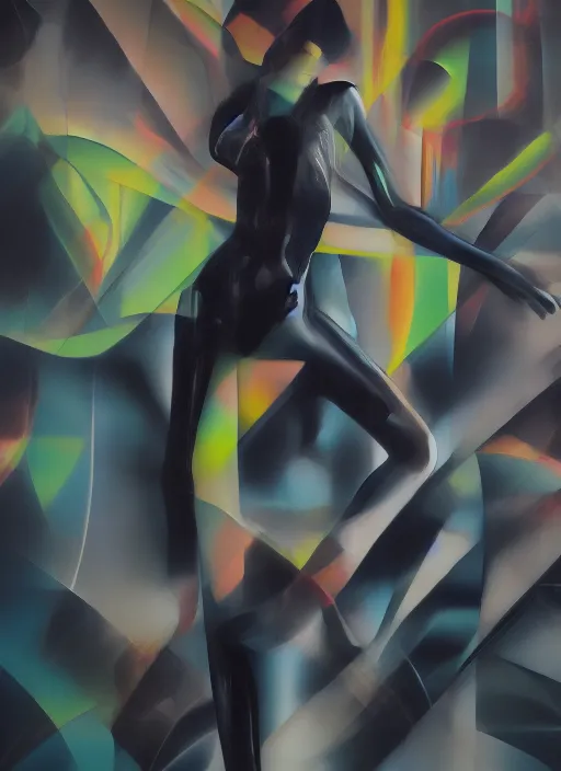 Image similar to futuristic lasers tracing, colorsmoke, leather fullbodysuit, pyramid hoodvisor, raindrops, wet, oiled, beautiful cyborg girl, by steven meisel, kaws, rolf armstrong, mondrian, kandinsky, perfect geometry abstract acrylic, octane hyperrealism photorealistic airbrush collage painting, dark monochrome, fluorescent colors, minimalist rule of thirds, eighties eros