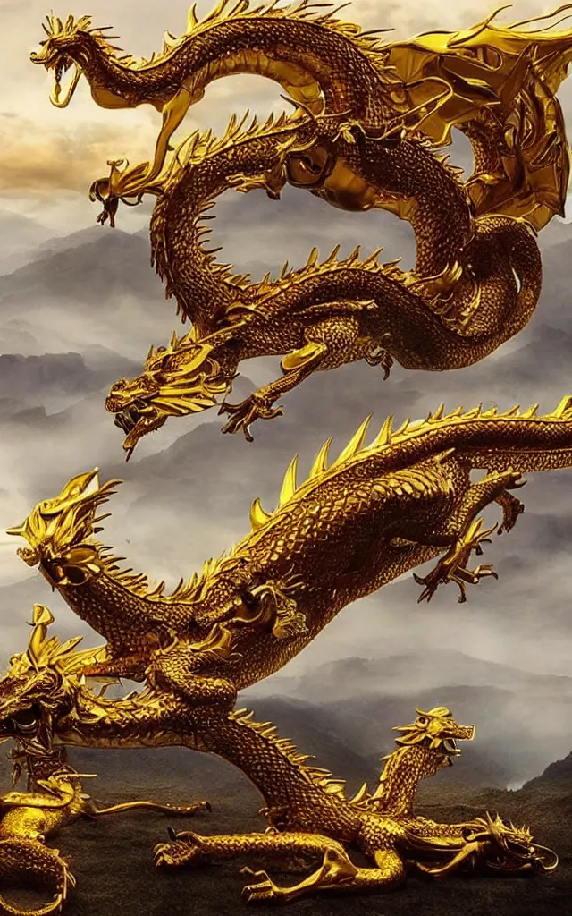 Image similar to a true photographic landscape and an unrivalled reality ， depicting a golden dragon