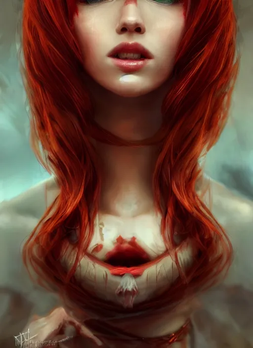 Image similar to Beautiful redhead girl which chest wrapped in bandages, portrait, fantasy, medieval, vivid colors, fantasy, elegant, concept art, sharp focus, beautiful face, digital art, Hyper-realistic, 4K, Unreal Engine, Highly Detailed, HD, Dramatic Lighting by Brom, trending on Artstation