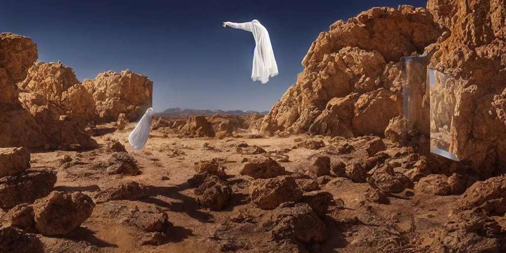 Image similar to levitating ghost veiled silhouette with full - face golden bright reflective mask in a dry rocky desert landscape, visible sky and sunny atmosphere, floating rocks, flying rocks and fata morgana and giant mirrors by alejandro jodorowsky, anamorphic lens, kodakchrome, practical effects, masterpiece, 8 k