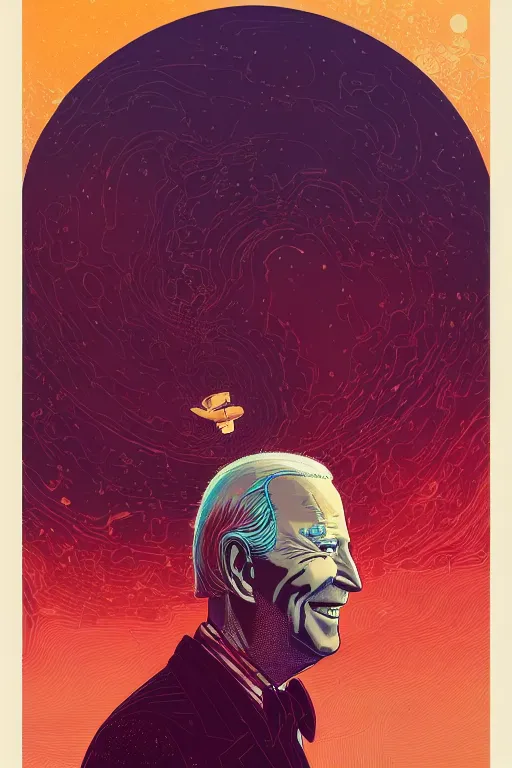 Prompt: portrait of distant joe biden, smiling down from above turned away, artstation winner by victo ngai, kilian eng and by jake parker vibrant colors, winning - award masterpiece, fantastically gaudy, aesthetic octane render, 8 k hd resolution