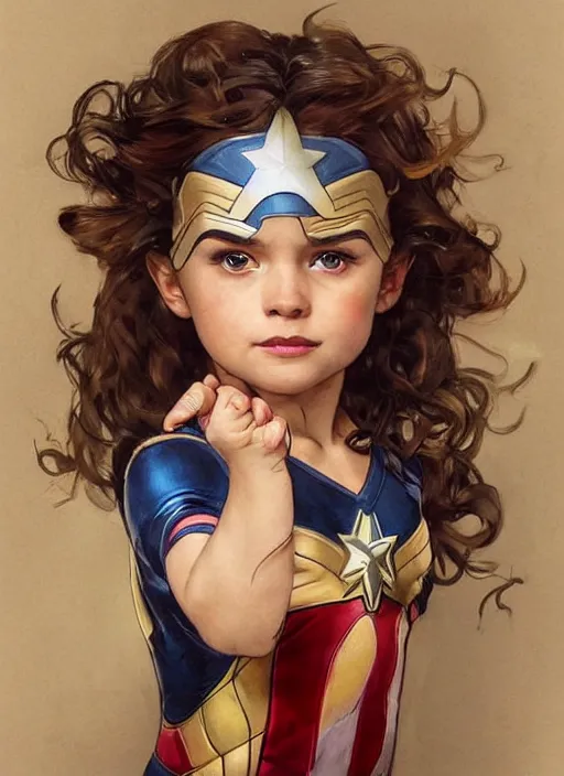 Image similar to a little girl with a mischievous face and light brown curly wavy hair. she is dressed as captain america, batman, the flash, captain marvel, wonder woman, a superhero. clean elegant painting, beautiful detailed face. by artgerm and greg rutkowski and alphonse mucha