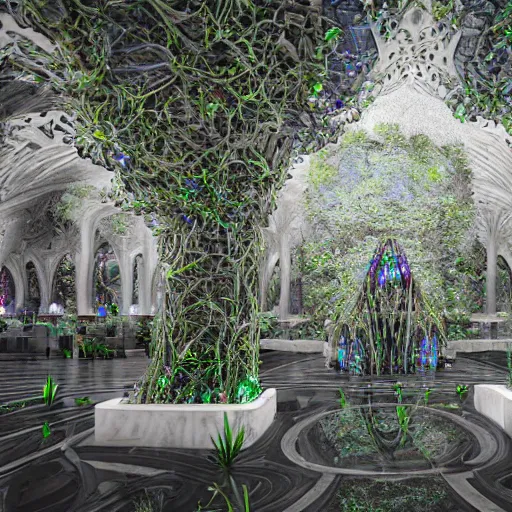 Image similar to technological cathedral dedicated to stable diffusion made of dark grey marble covered with mirror and colourful vegetation with veining and highly detailed ornaments extruding the complex surface, photorealistic, cinematic lighting, mockumentary, volumetric lights quality environment, next gen rendering, nvidia, redshift, houdini