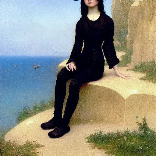 Prompt: 1 7 - year - old pale - skinned persian girl with black long bob cut, long bangs, black gothic jacket, black jeans, psychic girl, standing on cliff along the irish coast, overcast gray skies, ultra - realistic, sharp details,, intricate details, art by william - adolphe bouguereau