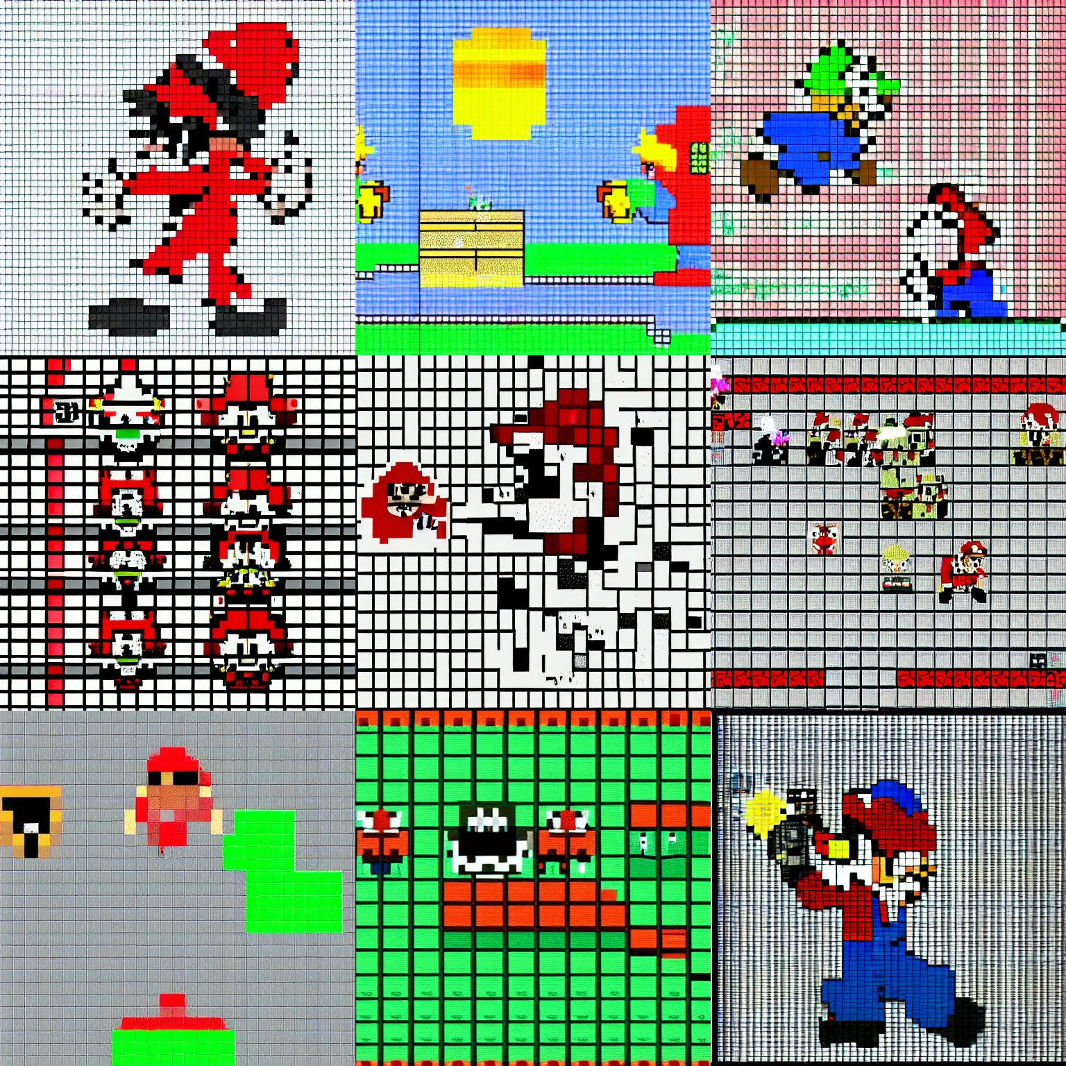 Prompt: a psychologically scary super mario, 3 2 - bit pixel art, game scene