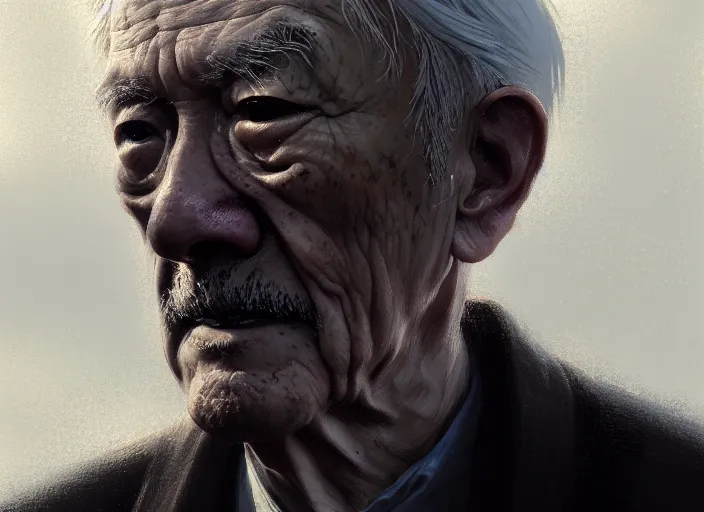 Image similar to a film still portrait of a depressed old man, finely detailed features, closeup of face, cinematic lighting, perfect art, night cyberpunk city, intricate, anime, gapmoe grimdark, artstation, trending on pixiv fanbox, painted by greg rutkowski makoto shinkai takashi takeuchi studio ghibli, akihiko yoshida, 4 k