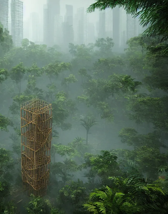Image similar to a city of interlocking and weaving wooden structure towers intertwined and interconnected with a jungle rainforest, misty atmosphere hyper realistic octane render unreal engine