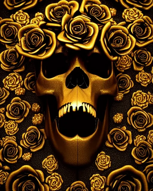 Image similar to detailed 3 d cycles render of a black dark skull skeleton with golden roses growing out of ribcage darkly elegant digital skull art by billelis and beeple