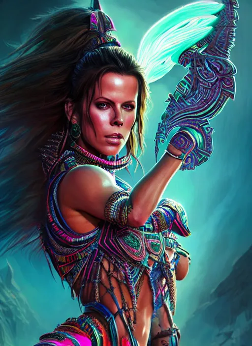 Prompt: hyper detailed ultra sharp aztec underworld warrior trance girl, cute, kate beckinsale. trending on artstation, warpaint aesthetic, earthwave, colorful, neon, ornate, intricate, digital painting, concept art, smooth, sharp focus, illustration, art by artgerm and greg rutkowski and h. r. giger, 8 k