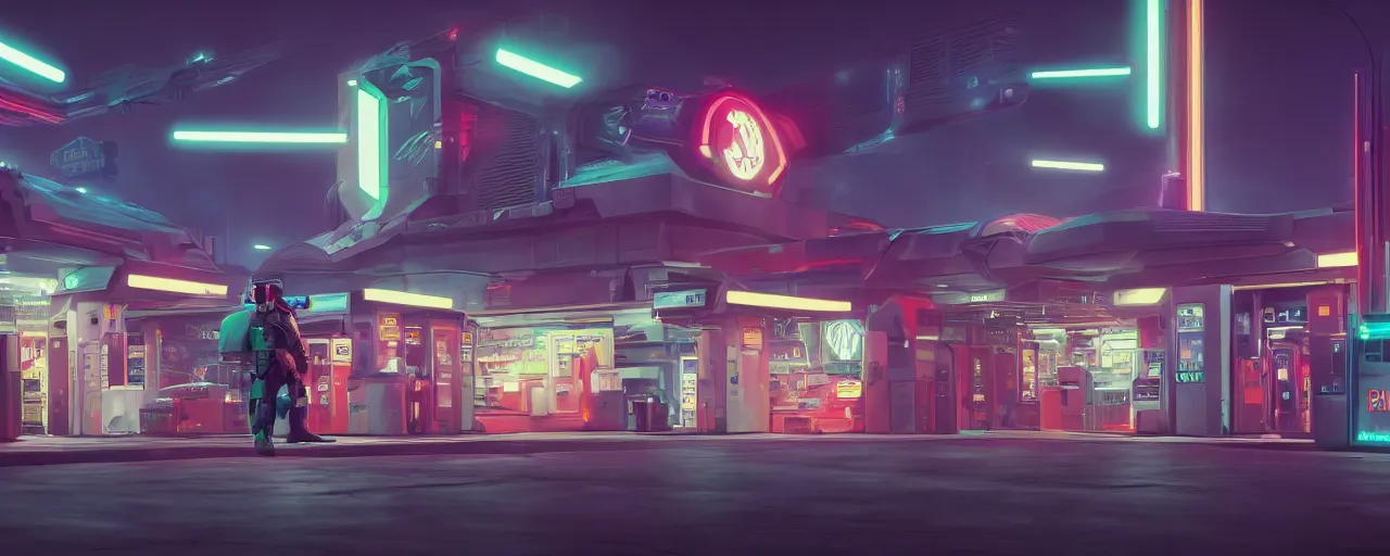 Image similar to boba fett visits a gas station in the night time, vaporwave aesthetic, neon signs, superliminal 8 k uhd, unreal engine, octane render in the artstyle of finnian macmanus, john park and greg rutkowski