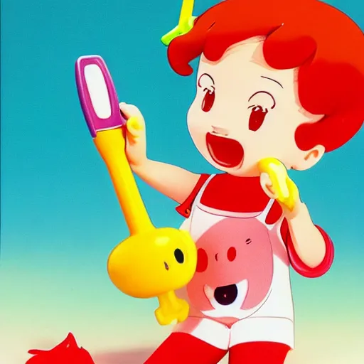 Prompt: a very cute, adorable strawberry character with only two front teeth, holding a yellow toothbrush, in the style of hiroshi nagai