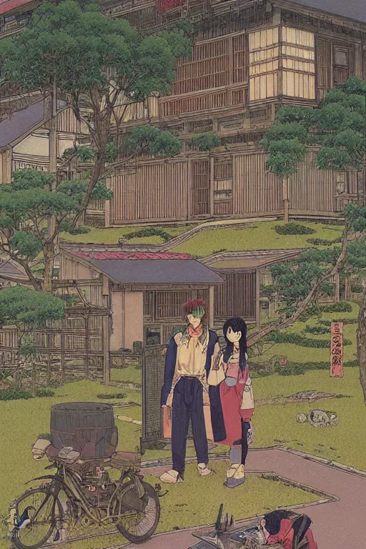 Image similar to beautiful anime illustration of a rural japanese home, by moebius, masamune shirow and katsuhiro otomo