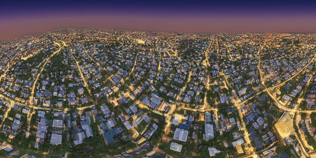 Prompt: Night view of suburb streets and residential apartment buildings in the distance. 3d spherical panorama with 360 viewing angle ready for virtual reality or vr. full equirectangular projection. sightseeing. full moonlit sky