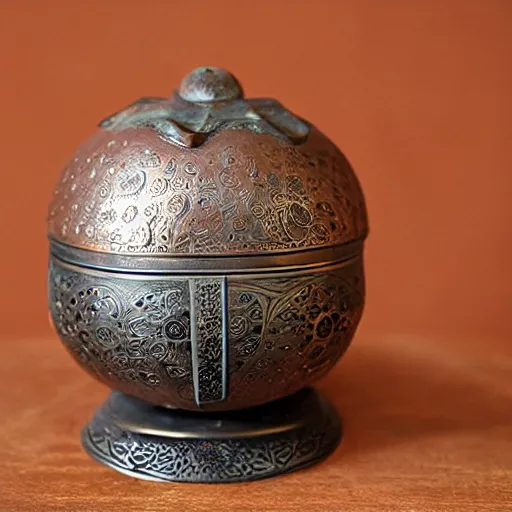 Image similar to A metal incense burner made of copper in the shape of a gourd. With delicate Japanese decorative carvings