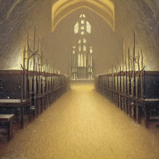 Prompt: large goat horns inside a church, snow falling, large glowing cross, painted by Quint Buchholz and Carl Gustav Carus