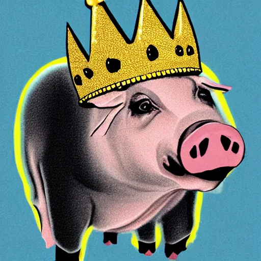 Image similar to a pig wearing a gold crown in the style of Rube Goldberg