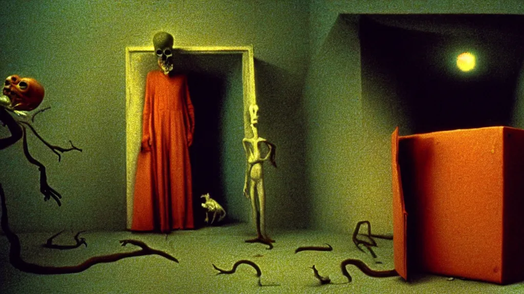 Image similar to the strange creature in the box in the attic, they look at me, film still from the movie directed by wes anderson and david cronenberg with art direction by salvador dali and zdzisław beksinski, wide lens