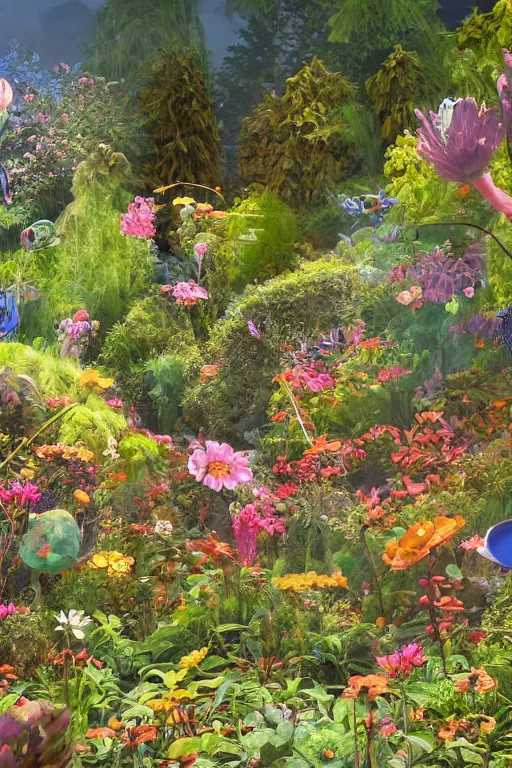 Image similar to super detailed color art, a lot of small garden flowers, A multiverse of insects, spiders and dragonflies, unreal engine, wes anderson color palette, 3d render, colorful, digital art