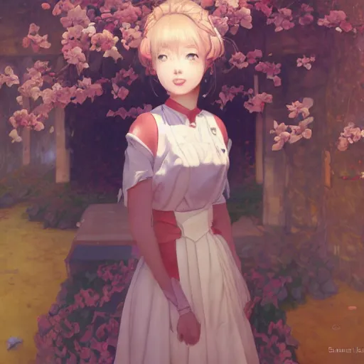 Image similar to a young woman in maid uniform by Stanley Artgerm Lau, WLOP, Rossdraws, Guweiz, James Jean, Andrei Riabovitchev, Marc Simonetti, and kyoani, krenz cushart, pixiv, background by James Jean and gustav klimt and John Marshall Gamble, 4k, volumetric lighting, french nouveau, trending on artstation, octane render, hyperrealistic