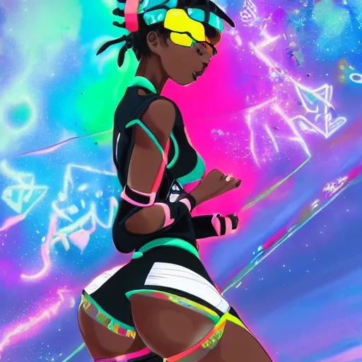 Image similar to : extremely beautiful photo of a black spandex anime girl with colorful skateboard logos all over helmet with closed visor, colorful hyperbolic background, fine art, sailor moon, neon genesis evangelion, virgil abloh, offwhite, denoise, highly detailed, 8 k, hyperreal