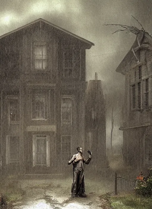 Image similar to frankenstein standing in front of a house on a rainy day, a digital rendering by gregory crewdson, trending on cgsociety, american scene painting, ominous vibe, matte drawing, atmospheric